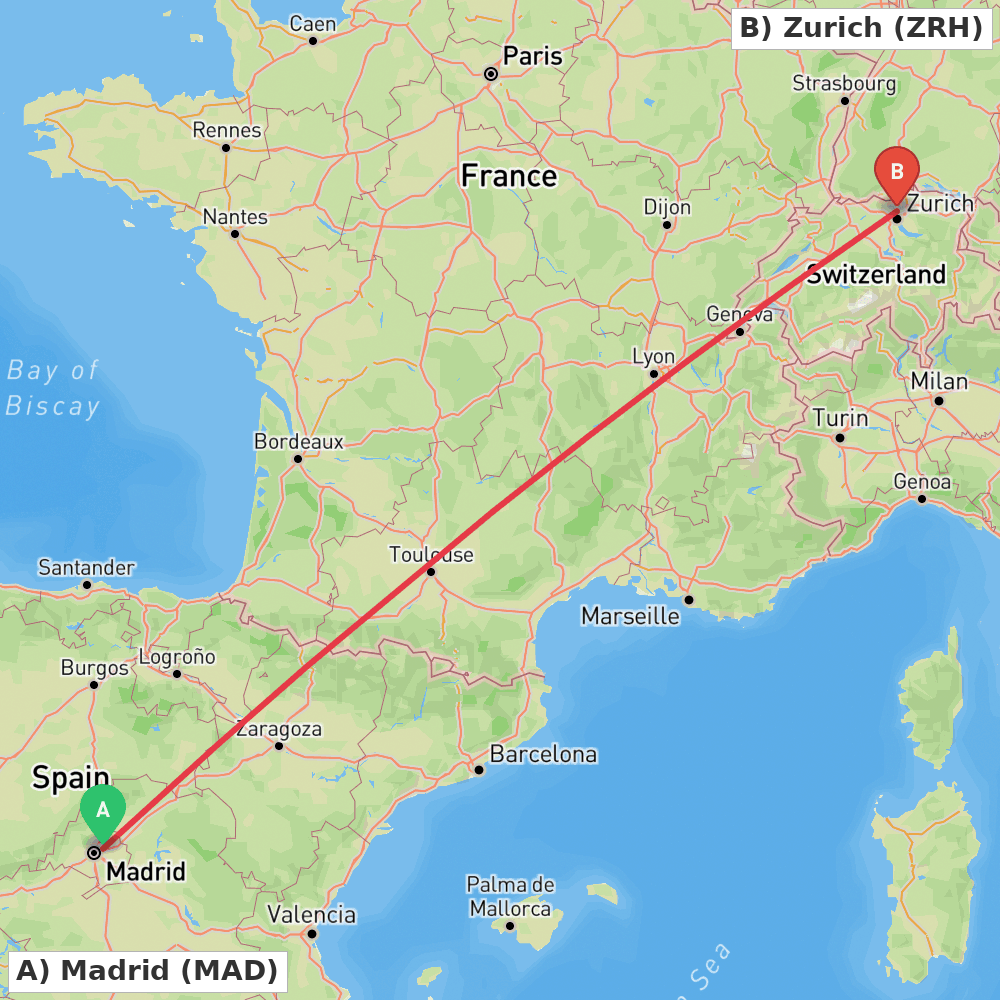 Flight route map from Madrid to Zurich