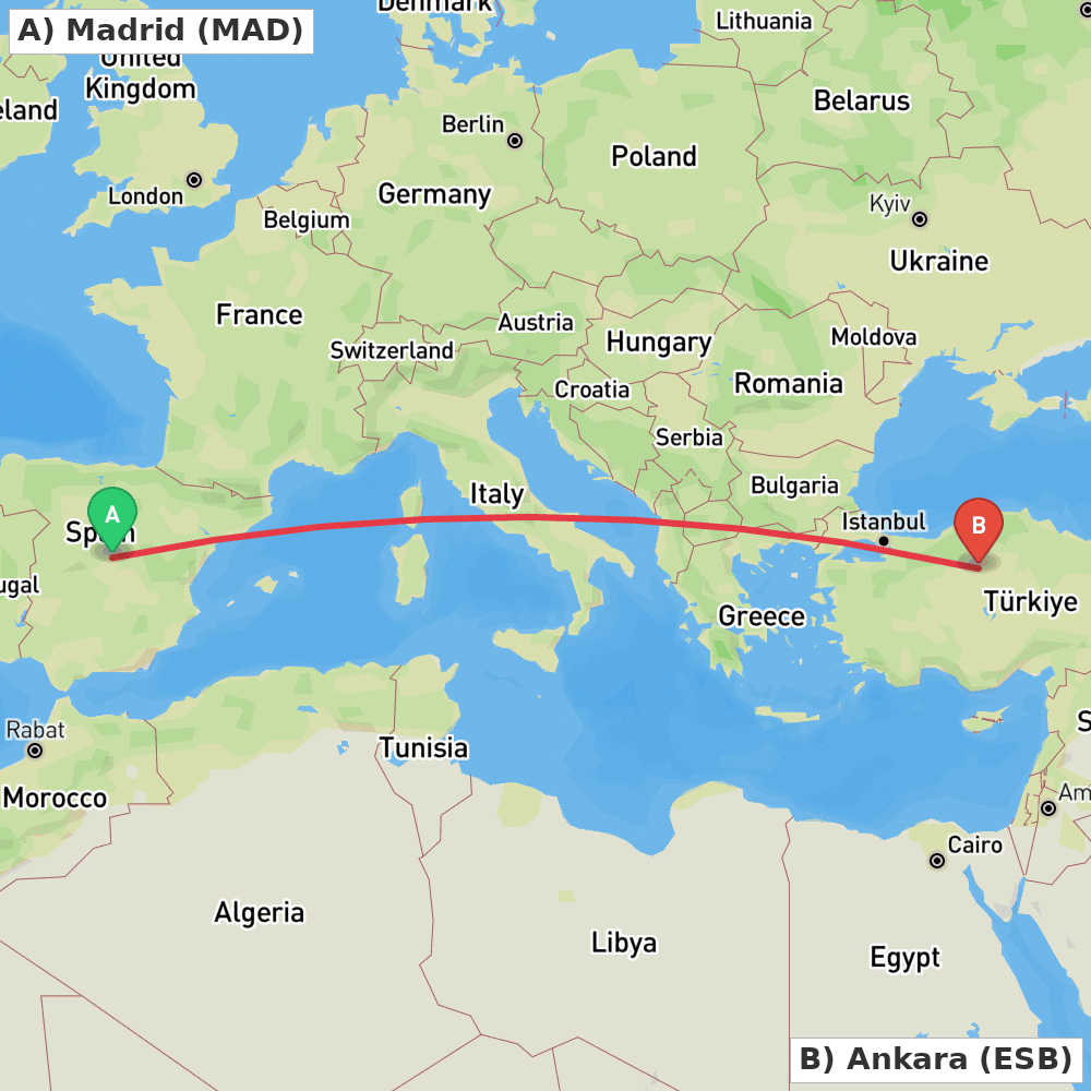 Flight route map from Madrid to Ankara
