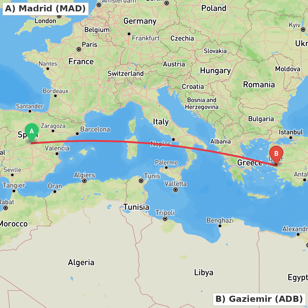 Flight route map from Madrid to Gaziemir