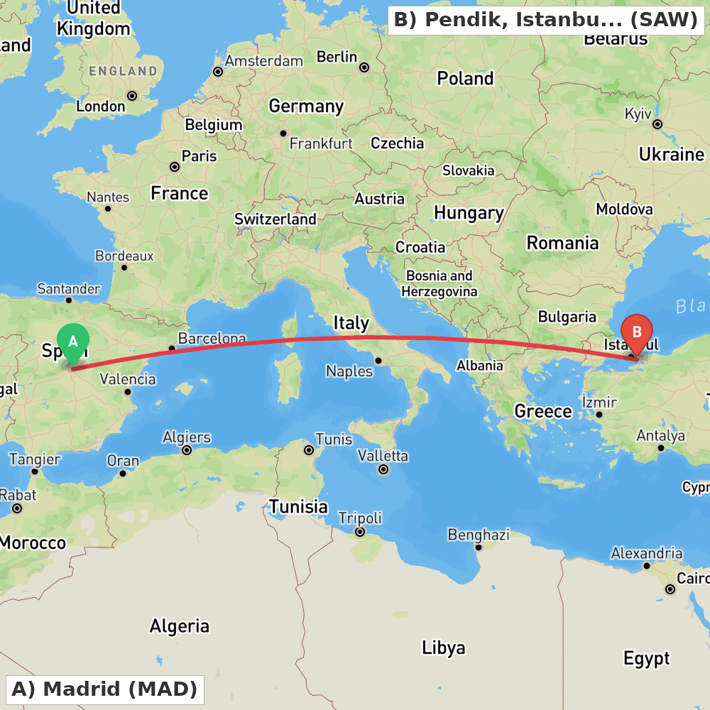Flight route map from Madrid to Pendik, Istanbul