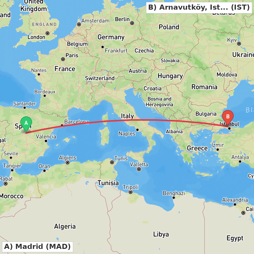 Flight route map from Madrid to Arnavutköy, Istanbul