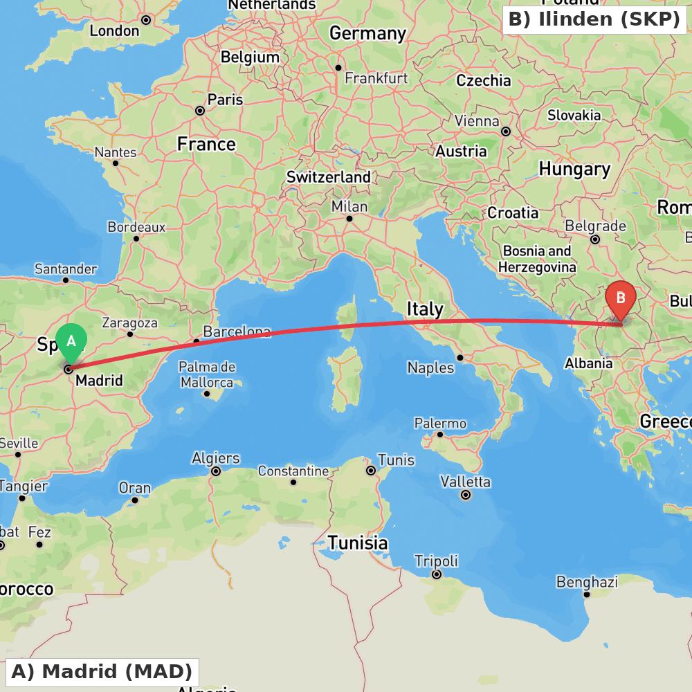 Flight route map from Madrid to Ilinden