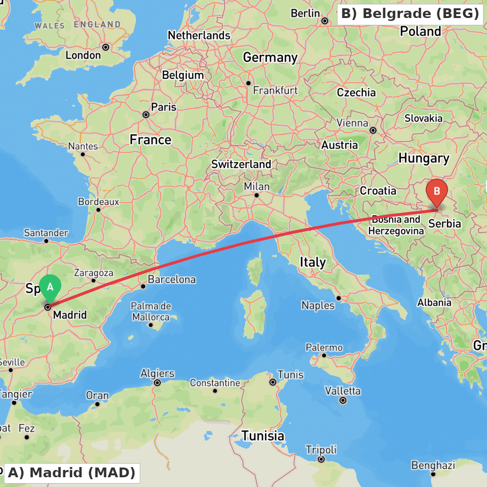 Flight route map from Madrid to Belgrade