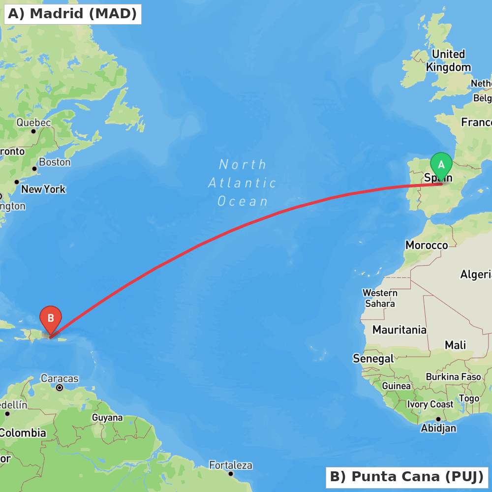 Flight route map from Madrid to Punta Cana