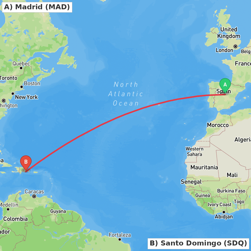 Flight route map from Madrid to Santo Domingo