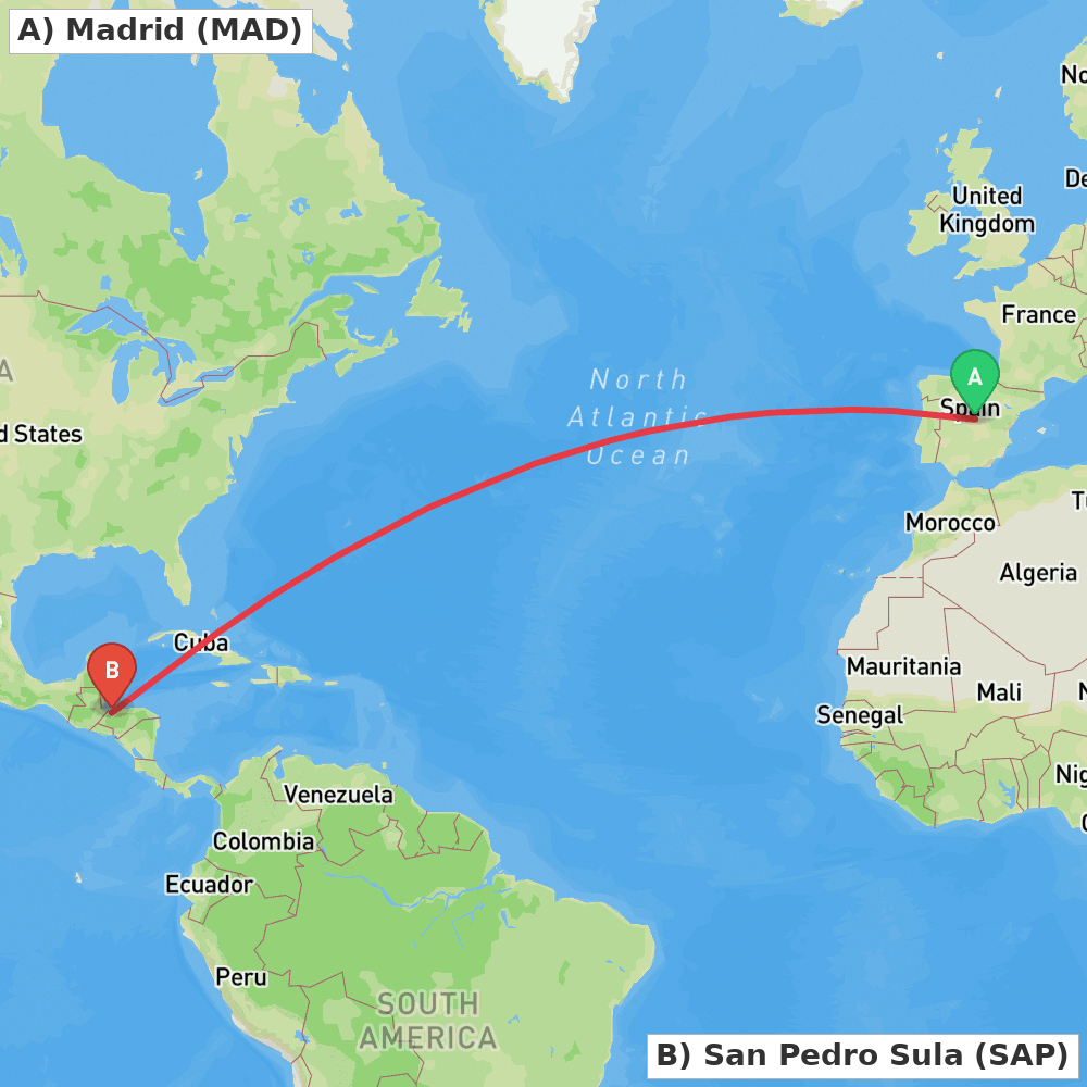 Flight route map from Madrid to San Pedro Sula