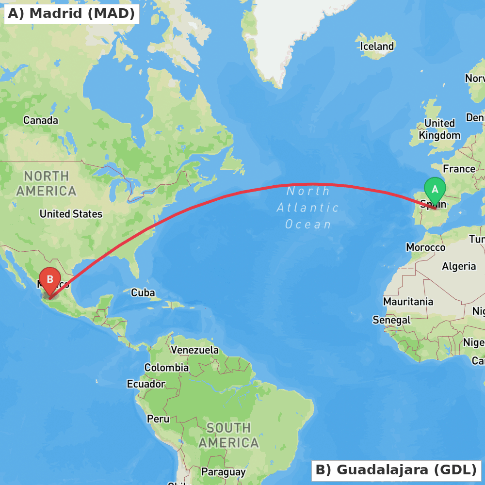 Flight route map from Madrid to Guadalajara