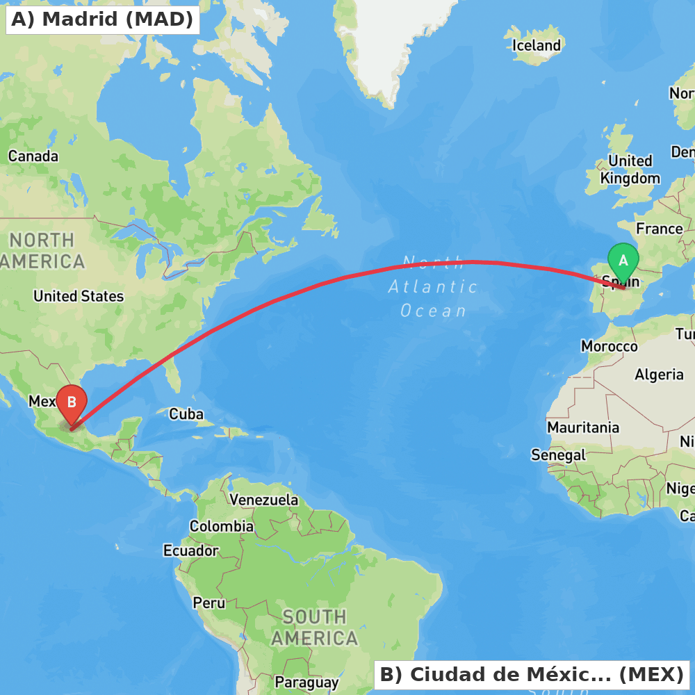 Flight route map from Madrid to Ciudad de México