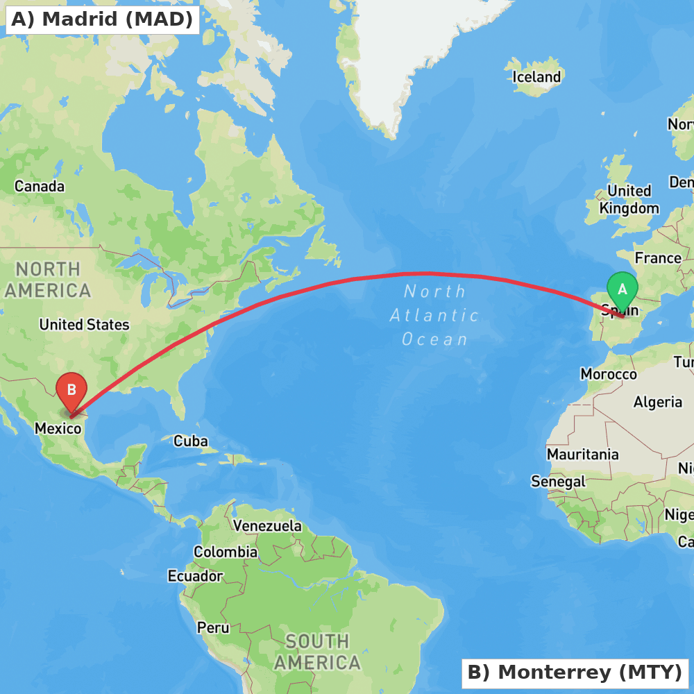 Flight route map from Madrid to Monterrey