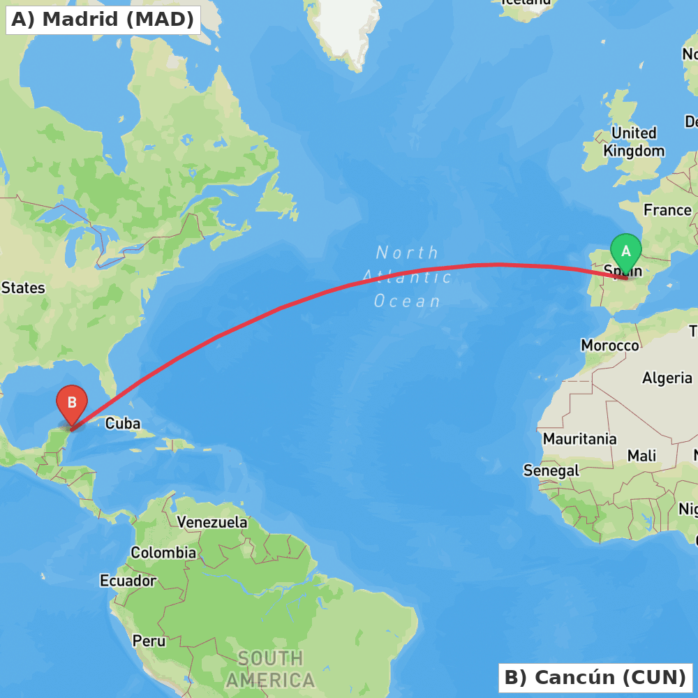 Flight route map from Madrid to Cancún