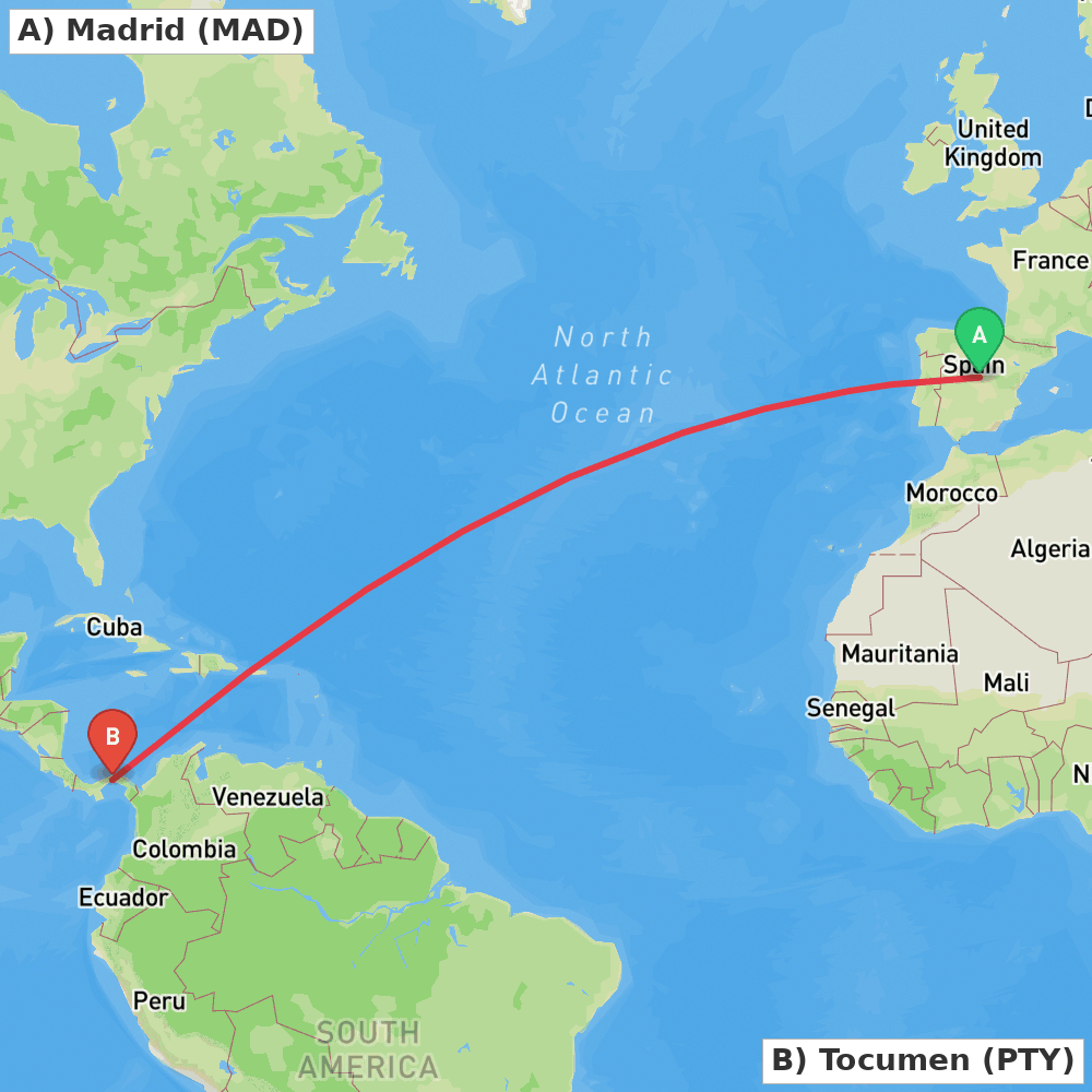 Flight route map from Madrid to Tocumen
