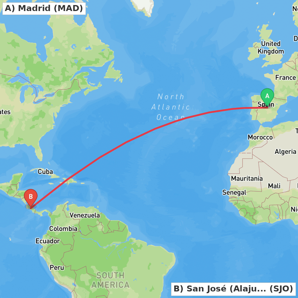 Flight route map from Madrid to San José (Alajuela)