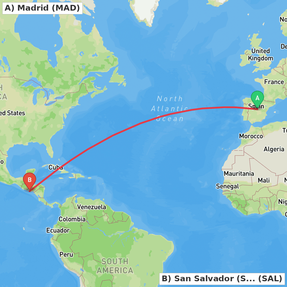 Flight route map from Madrid to San Salvador (San Luis Talpa)