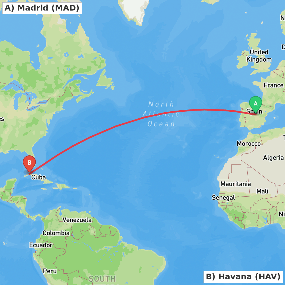 Flight route map from Madrid to Havana