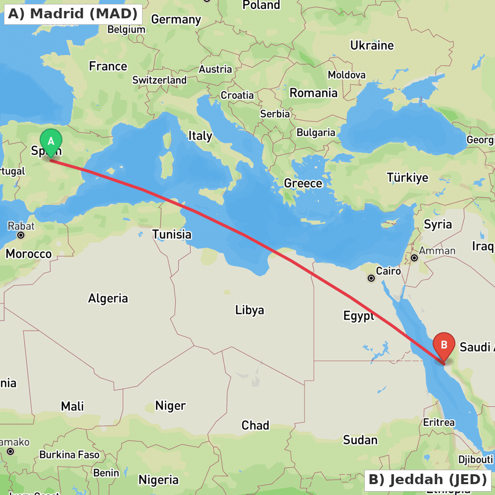 Flight route map from Madrid to Jeddah
