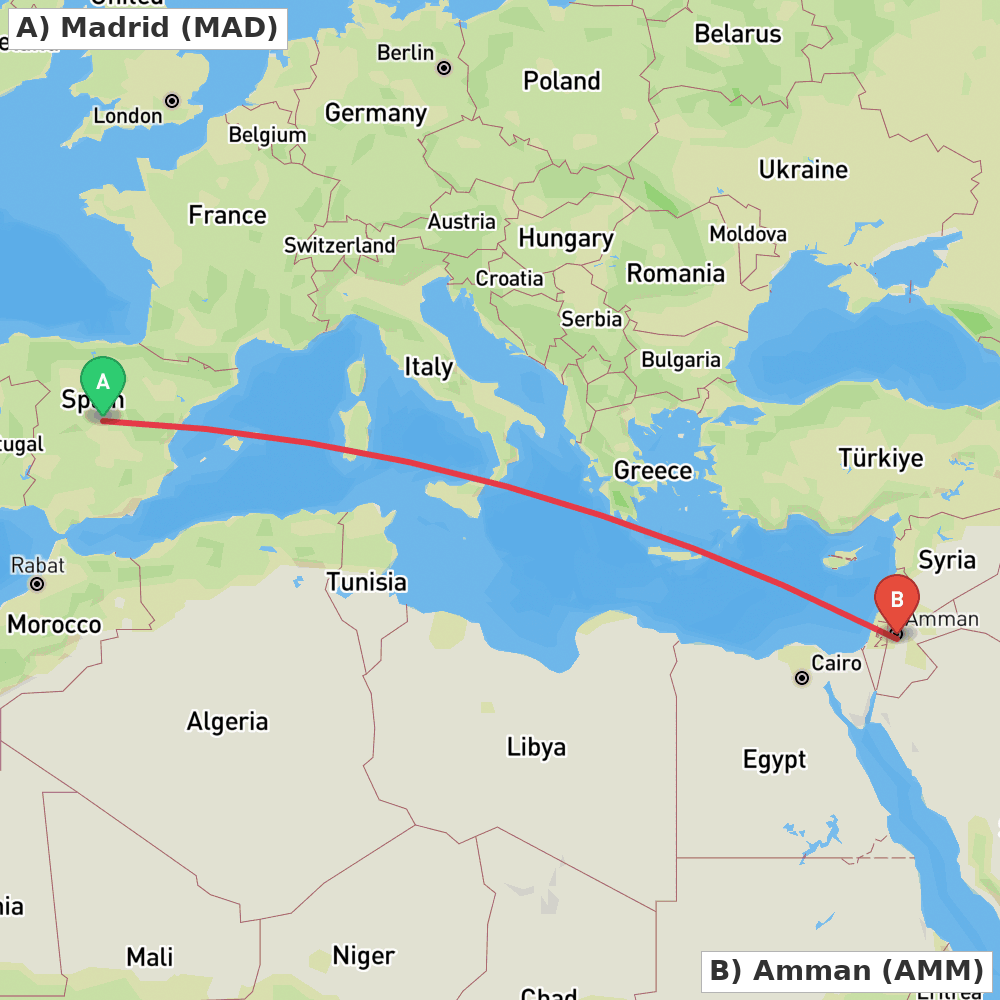 Flight route map from Madrid to Amman