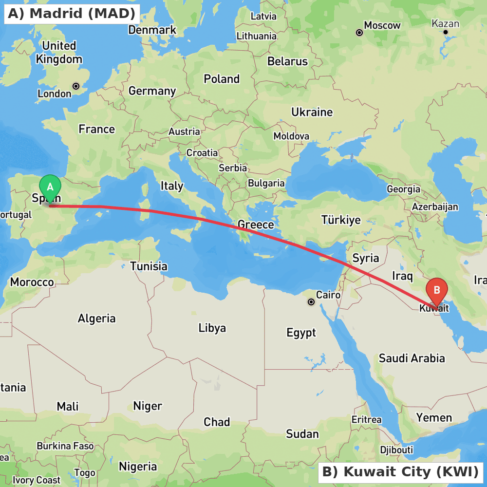 Flight route map from Madrid to Kuwait City