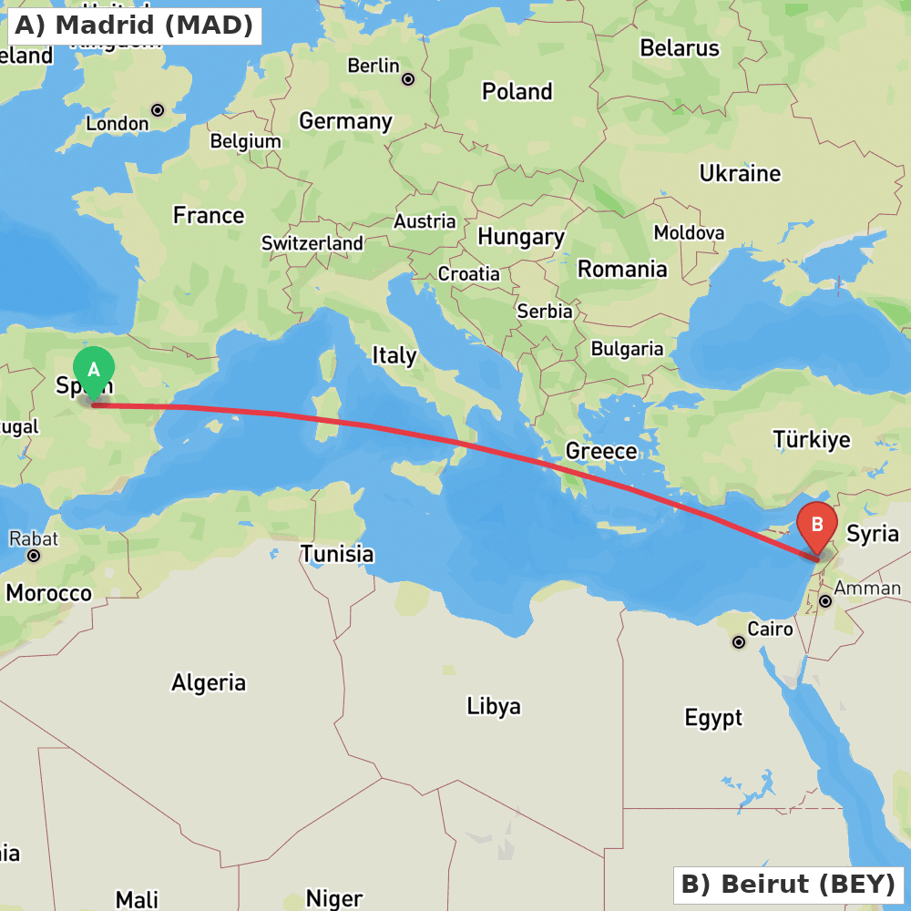 Flight route map from Madrid to Beirut