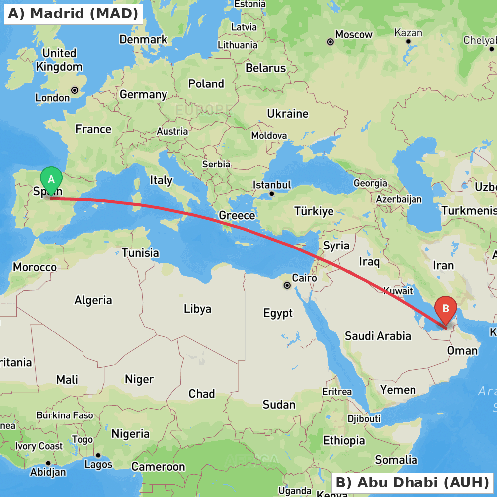 Flight route map from Madrid to Abu Dhabi