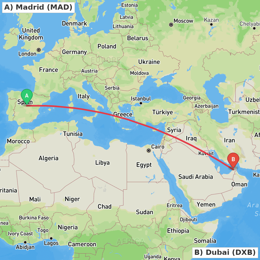 Flight route map from Madrid to Dubai