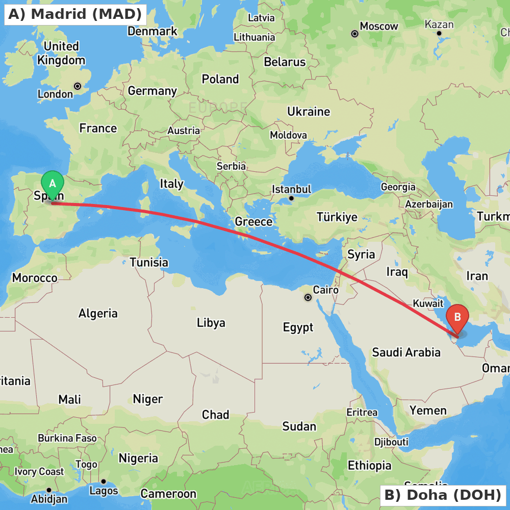 Flight route map from Madrid to Doha