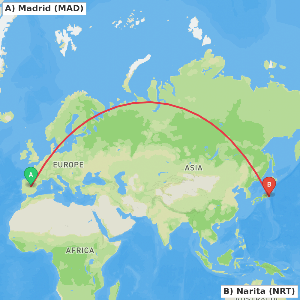 Flight route map from Madrid to Narita