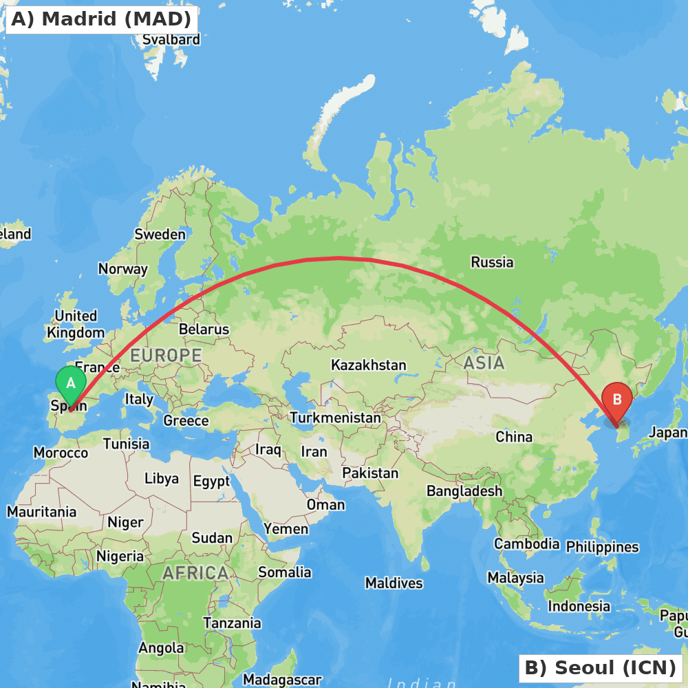 Flight route map from Madrid to Seoul