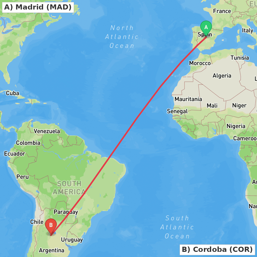 Flight route map from Madrid to Cordoba