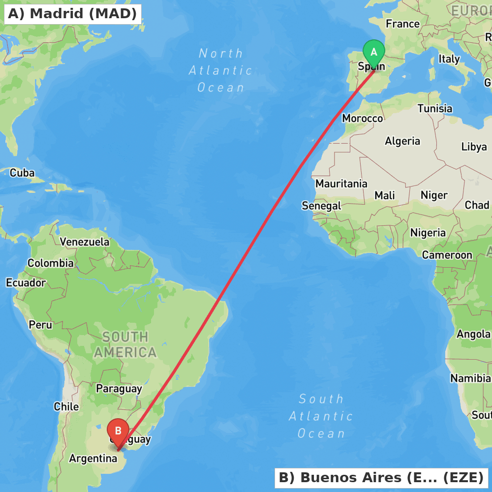 Flight route map from Madrid to Buenos Aires (Ezeiza)