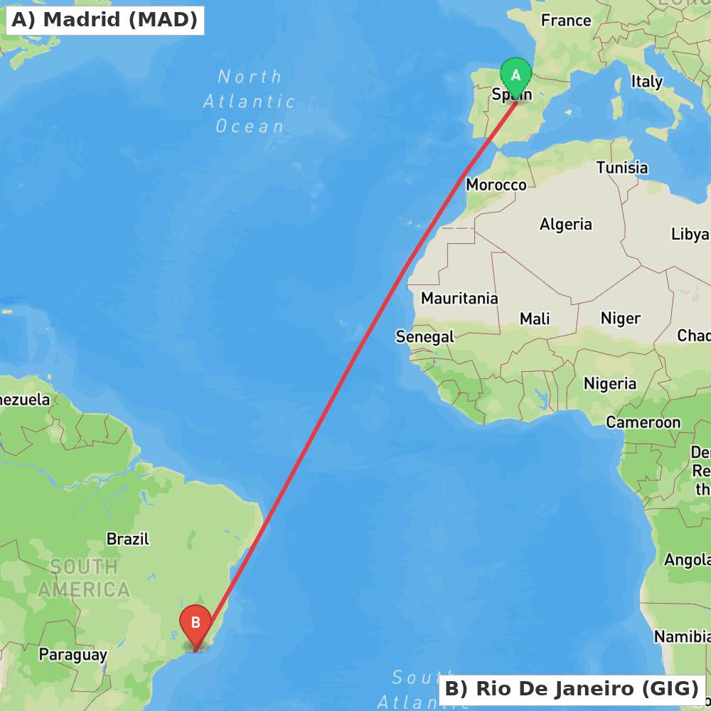 Flight route map from Madrid to Rio De Janeiro