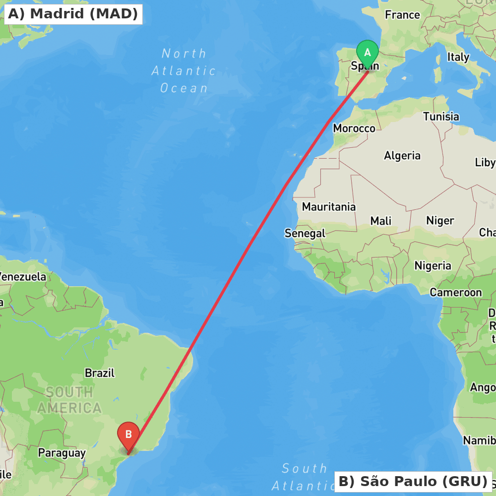 Flight route map from Madrid to São Paulo