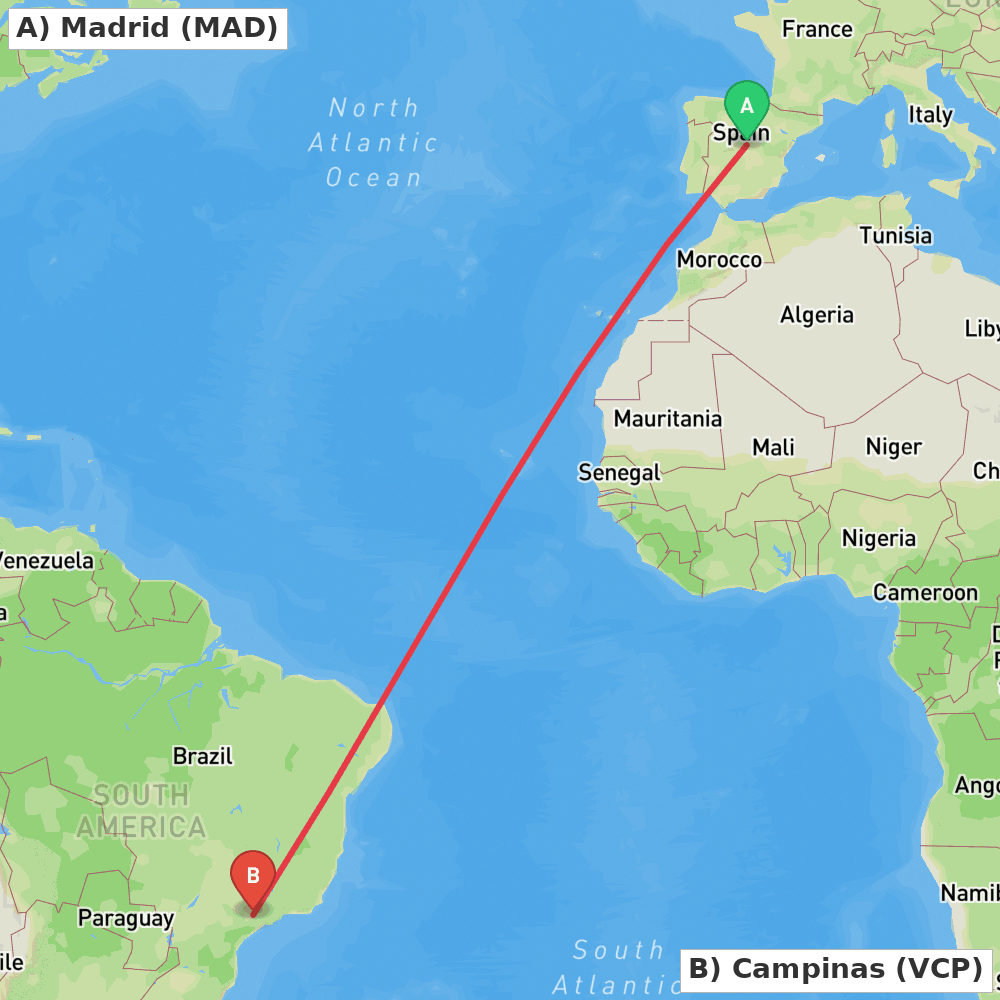 Flight route map from Madrid to Campinas