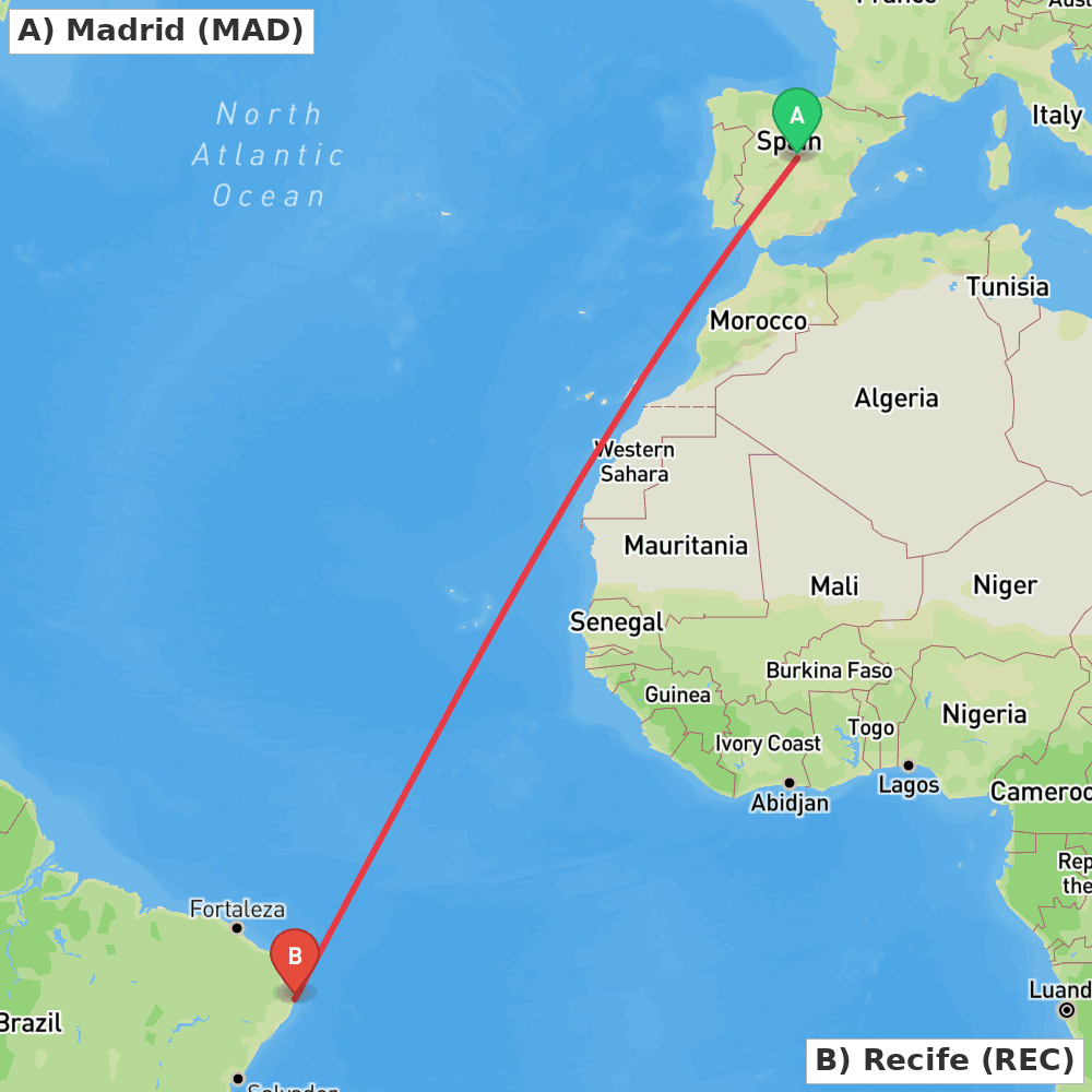 Flight route map from Madrid to Recife