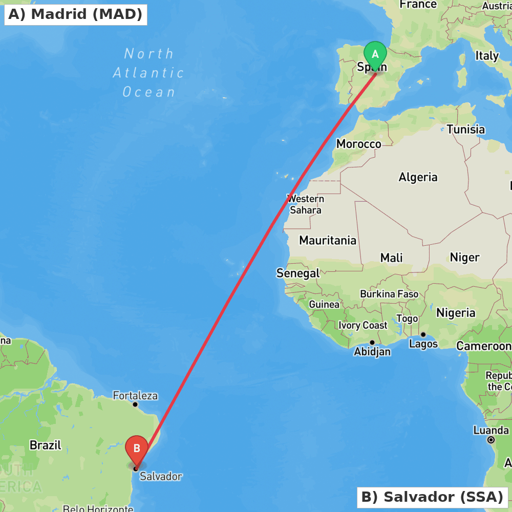 Flight route map from Madrid to Salvador