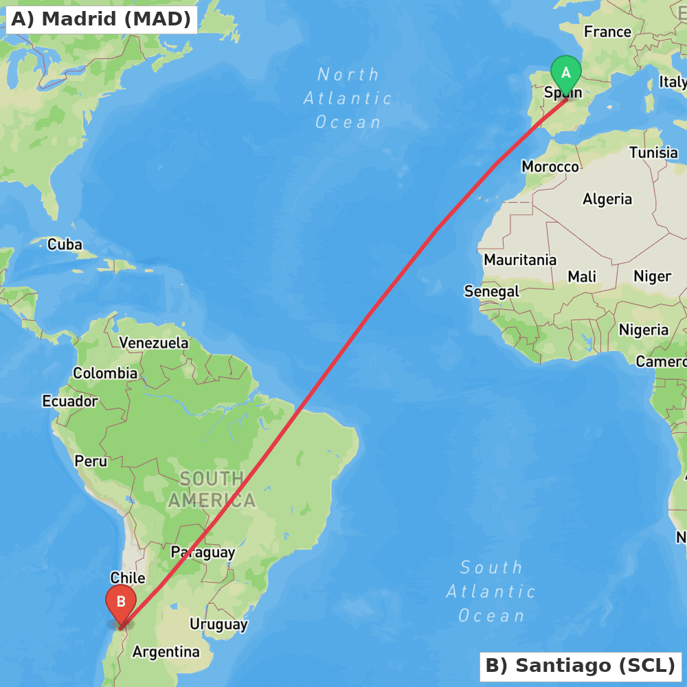 Flight route map from Madrid to Santiago