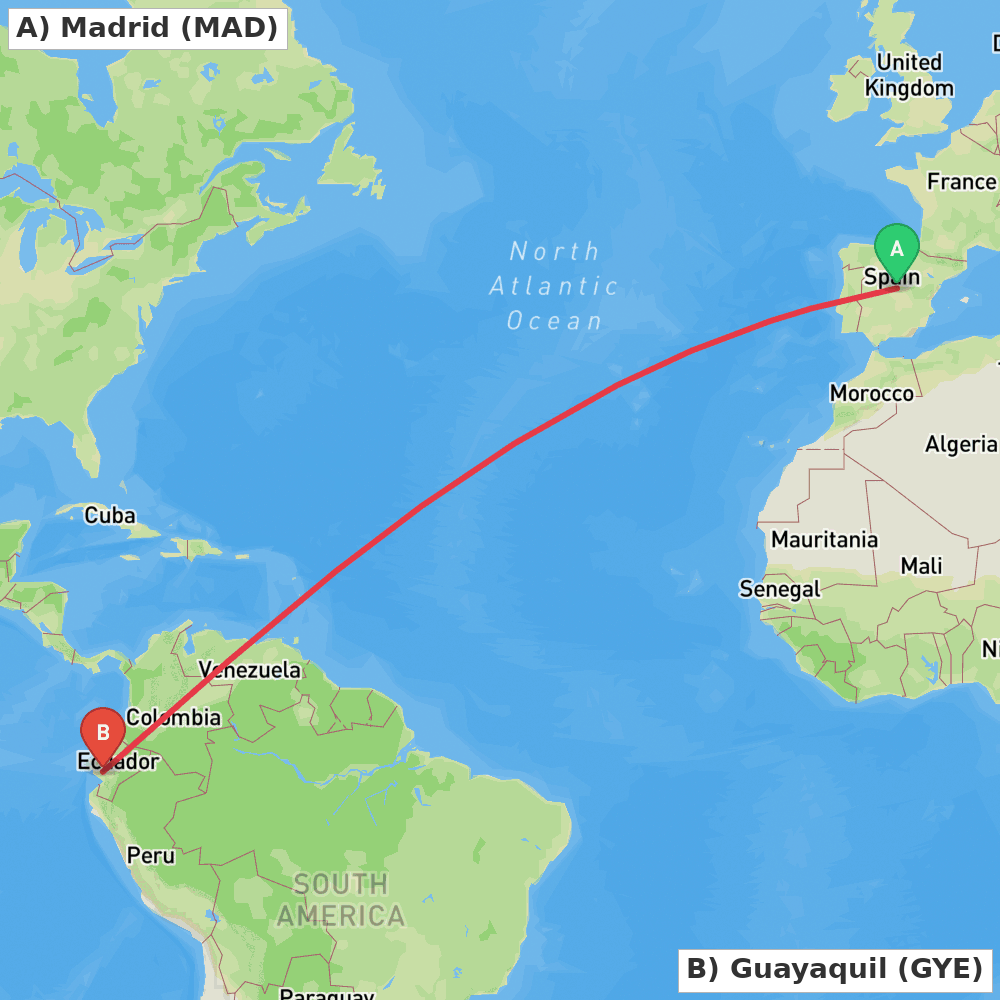 Flight route map from Madrid to Guayaquil