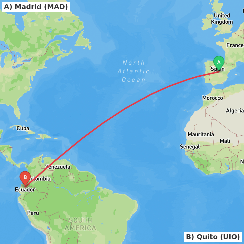 Flight route map from Madrid to Quito