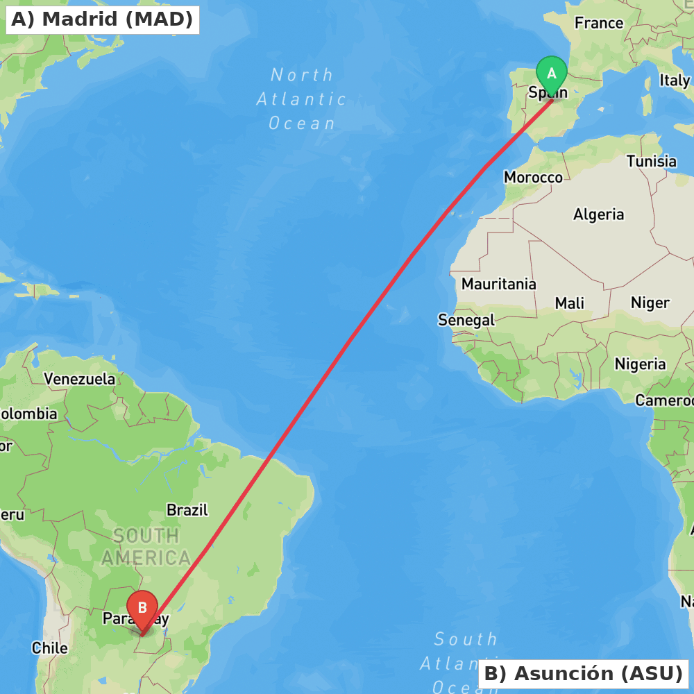 Flight route map from Madrid to Asunción