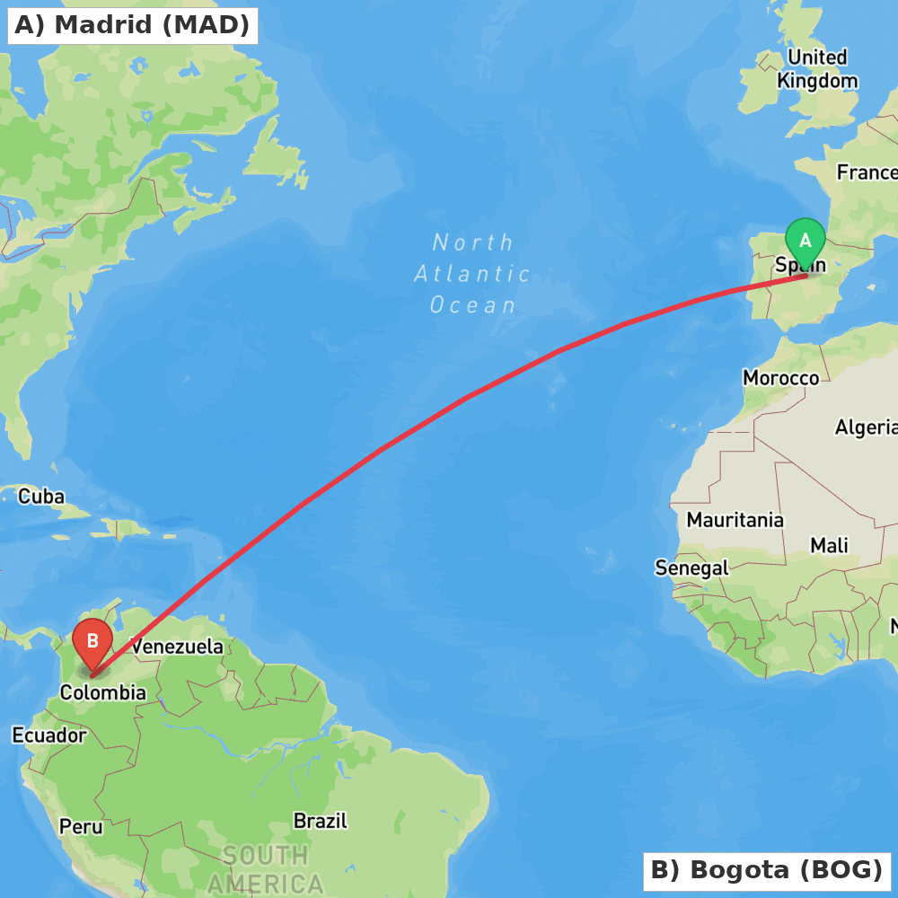 Flight route map from Madrid to Bogota