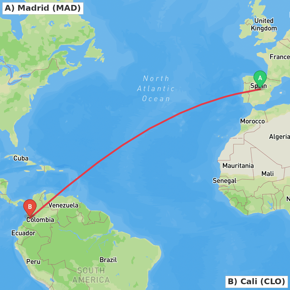 Flight route map from Madrid to Cali