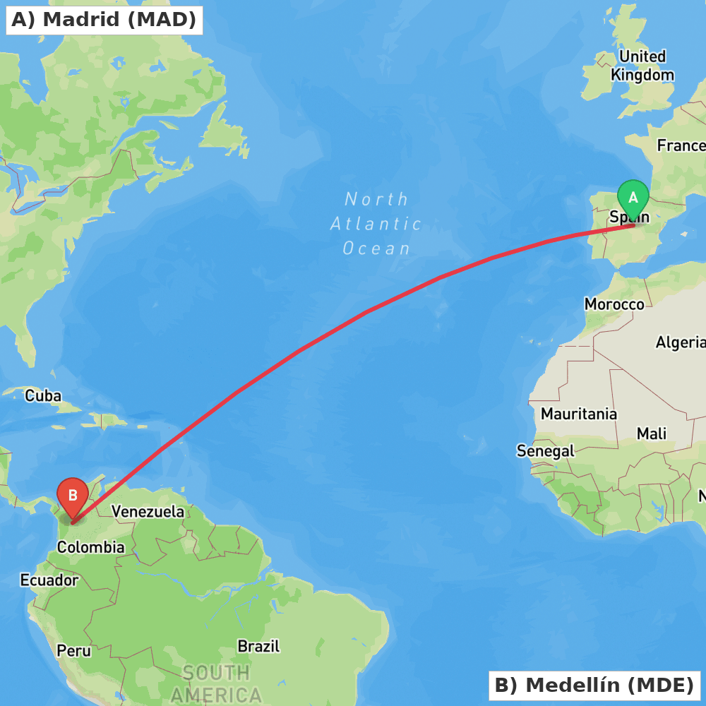 Flight route map from Madrid to Medellín