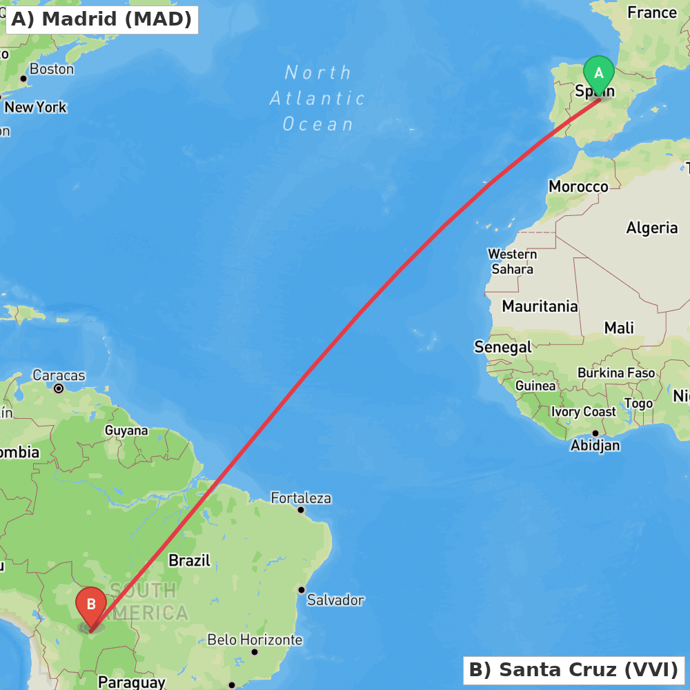 Flight route map from Madrid to Santa Cruz