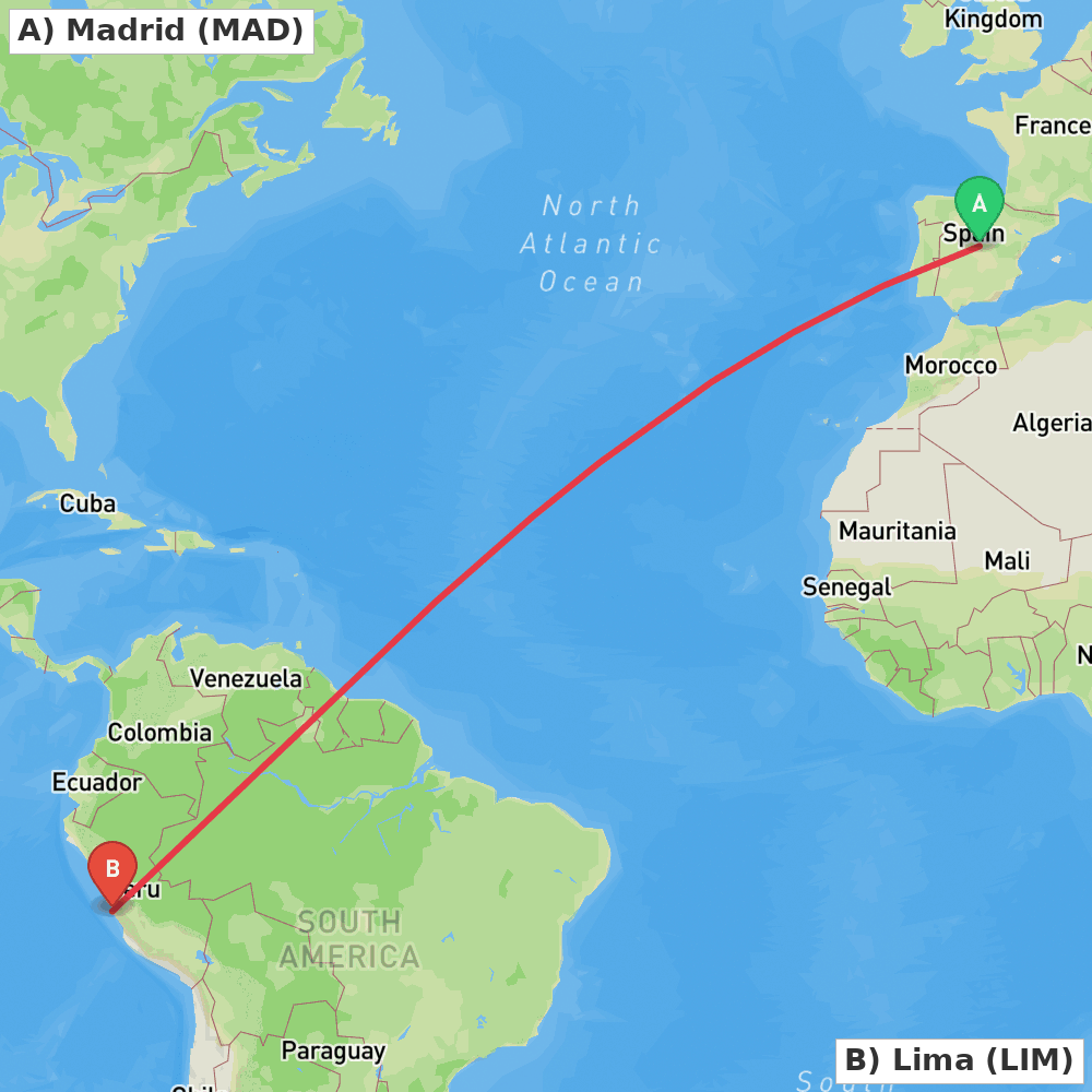 Flight route map from Madrid to Lima