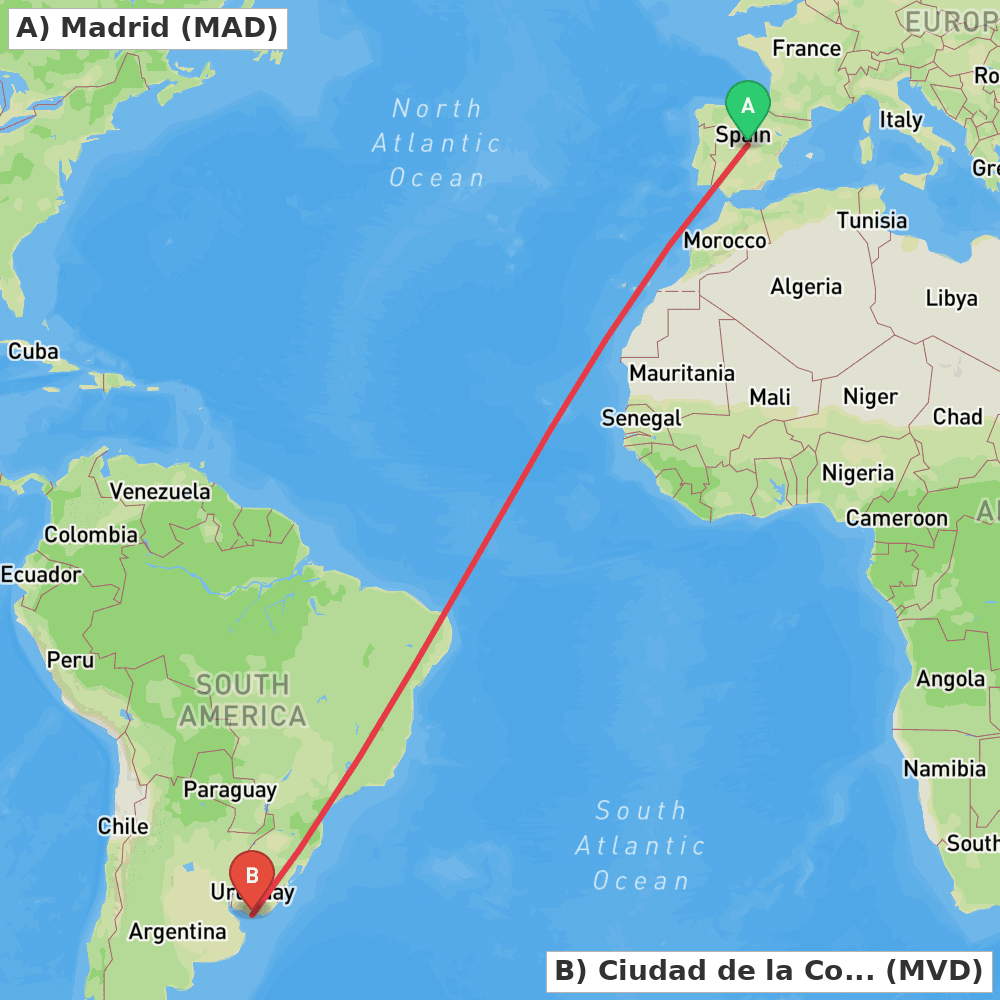 Flight route map from Madrid to Ciudad de la Costa