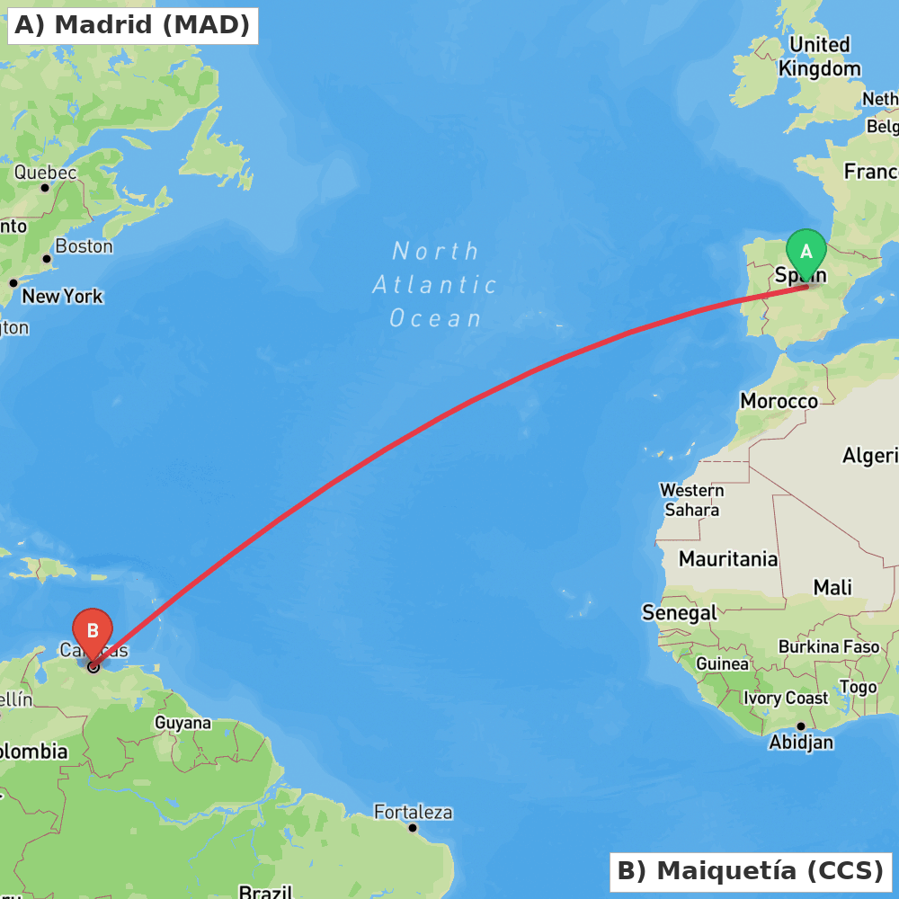 Flight route map from Madrid to Maiquetía
