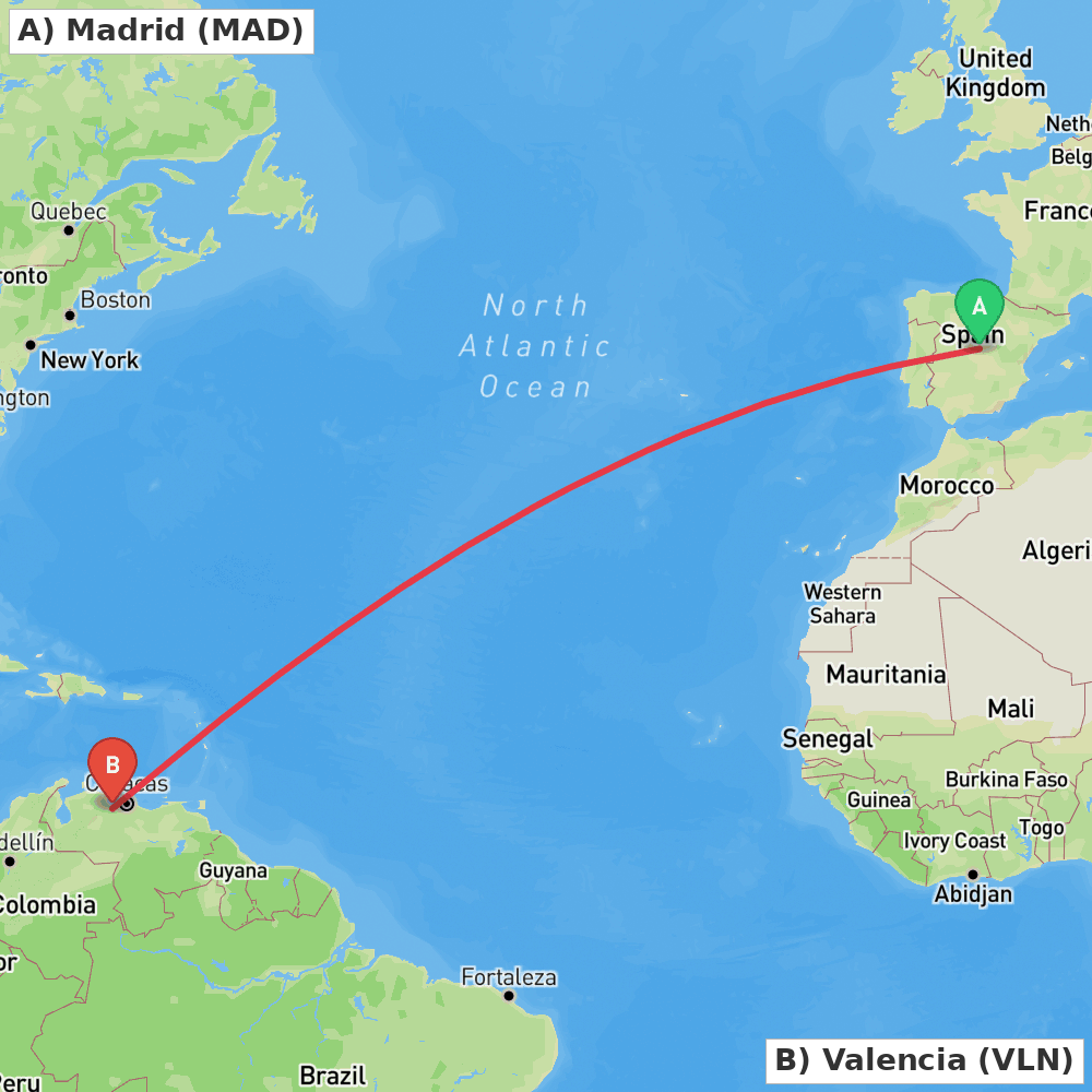 Flight route map from Madrid to Valencia