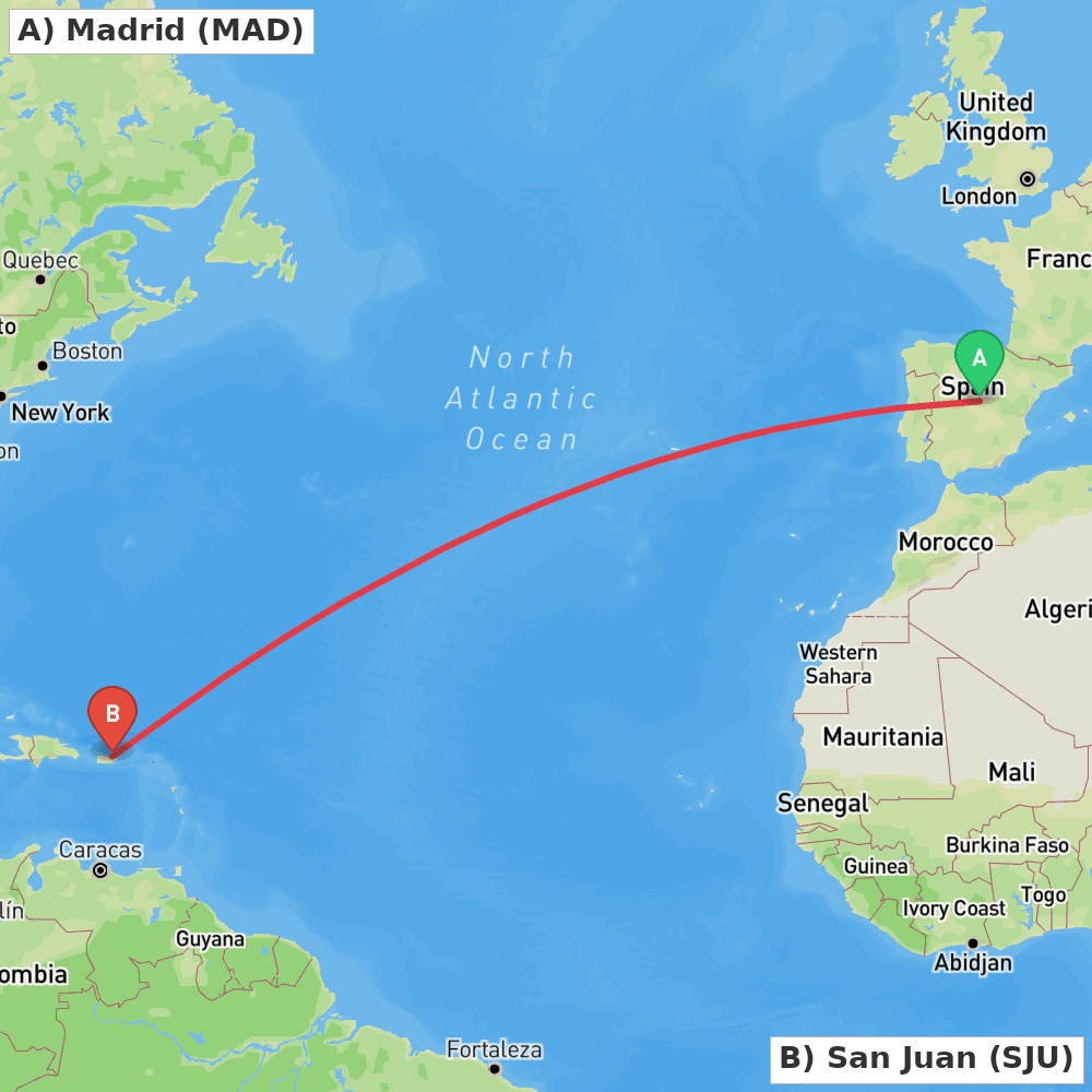 Flight route map from Madrid to San Juan