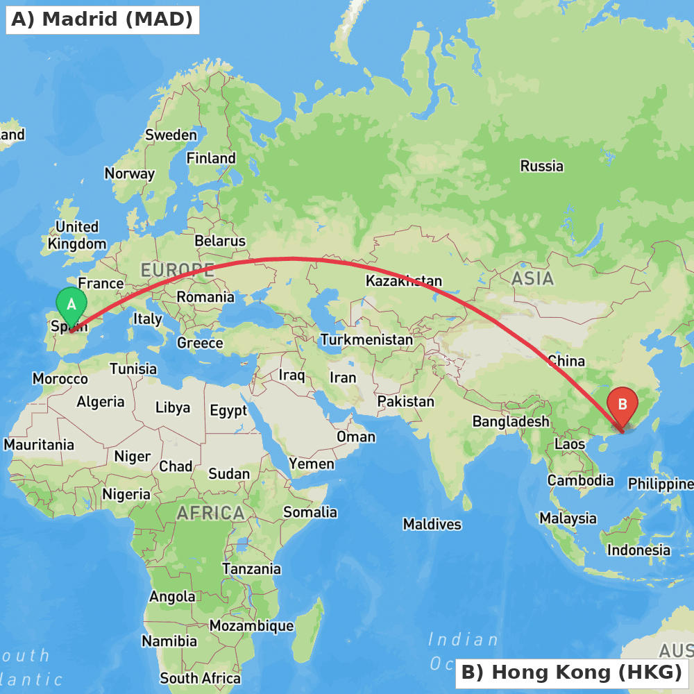 Flight route map from Madrid to Hong Kong