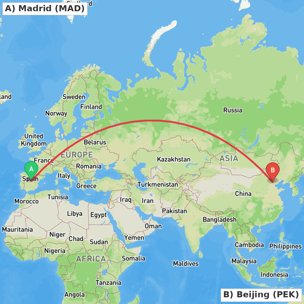 Flight route map from Madrid to Beijing