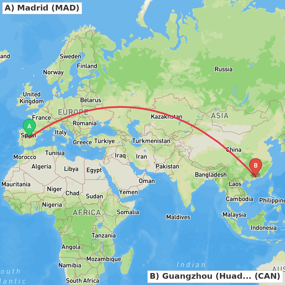 Flight route map from Madrid to Guangzhou (Huadu)